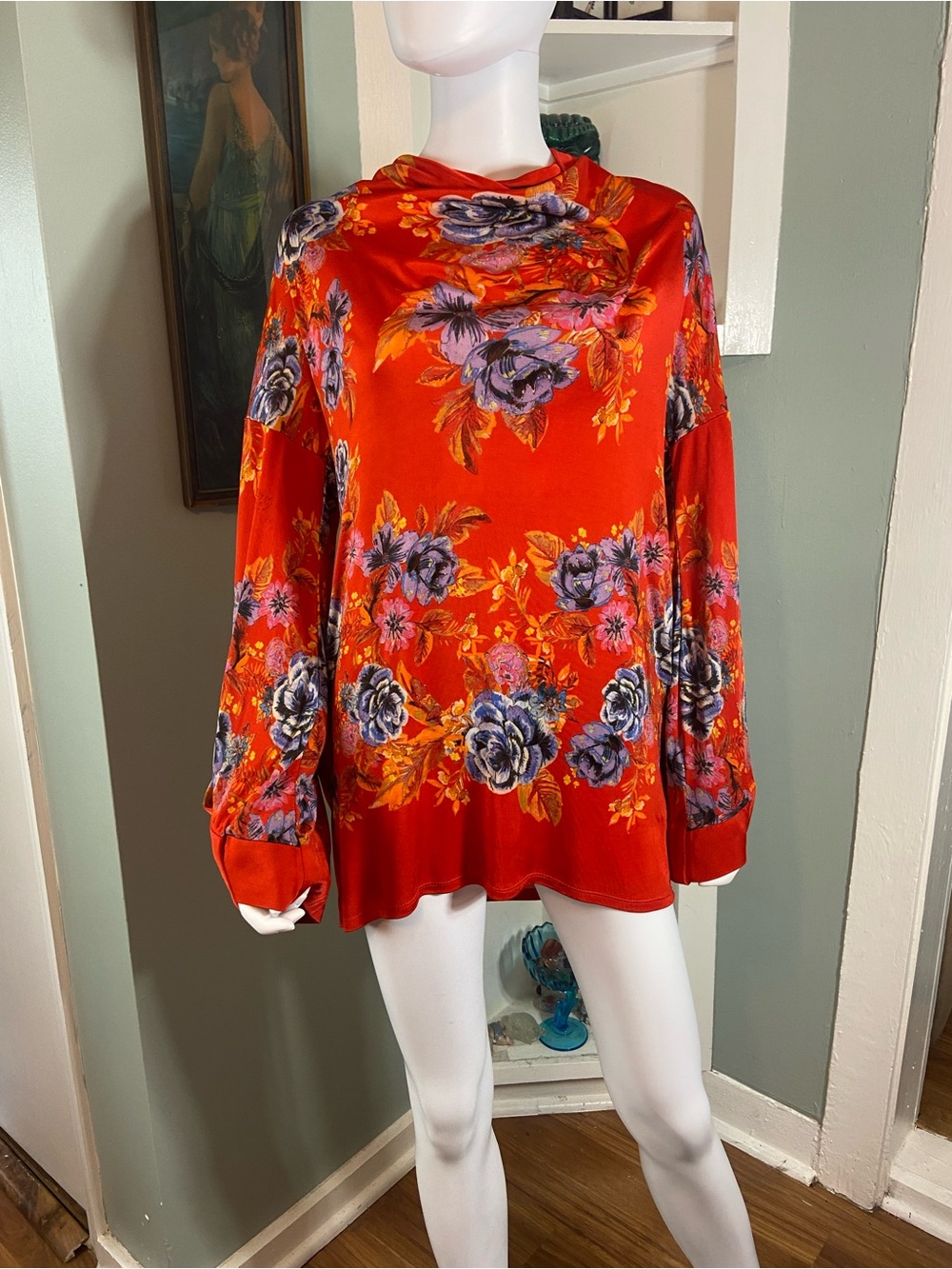 Free People 2am Floral Mini Dress Tunic Backless XSmall XS Cowl Neck Tie Satin - Picture 2 of 16